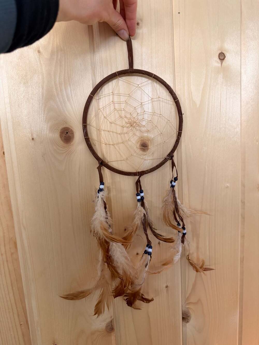 Handmade Brown Leather Dream Catcher Wall Hanging With Beads And Feathers